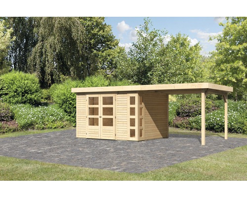 Gartenhaus Karibu Naomi 5 inkl. Anbaudach 2,8 m 557 x 246 cm natur