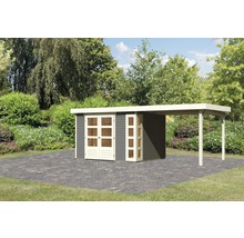 Abri de jardin avec annexe sur sol pavé