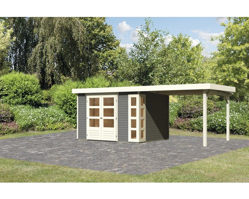 Abri de jardin Karibu Naomi 5 avec extension de toit de 2,8 m 591,5 x 262 cm gris terre Abri de jardin Karibu Naomi 5 avec extension de toit de 2,8 m 591,5 x 262 cm gris terre