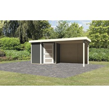 Holzgartenhaus mit Carport auf Terrasse