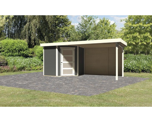 Gartenhaus Karibu Anvik 3 inkl. Anbaudach 2,8 m, Rückwand 504,5 x 238 cm terragrau