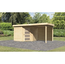 Abri de jardin en bois avec annexe sur surface pavée