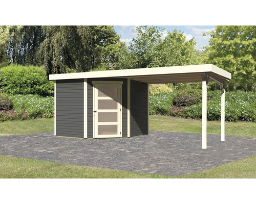 Gartenhaus Karibu Anvik 5 inkl. Anbaudach 2,8 m 503 x 262 cm terragrau