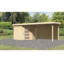 Holzgartenhaus mit Überdachung auf gepflasterter Fläche