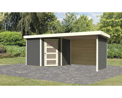 Gartenhaus Karibu Anvik 5 inkl. Anbaudach 2,8 m, Rück- und Seitenwand 497 x 246 cm terragrau