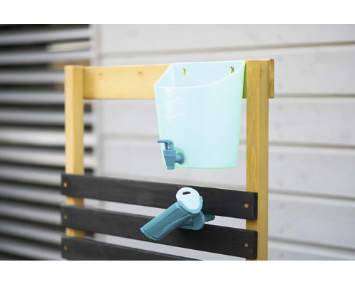 Lavabo avec robinet et distributeur de savon sur cadre en bois