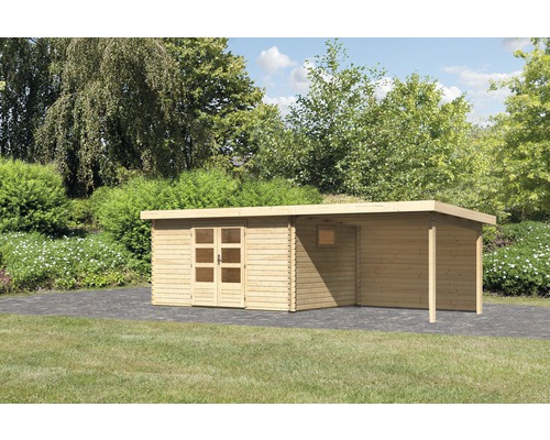 Abri de jardin Karibu Tossens 5 avec extension de toit de 3,3 m, paroi arrière 706 x 333 cm naturel