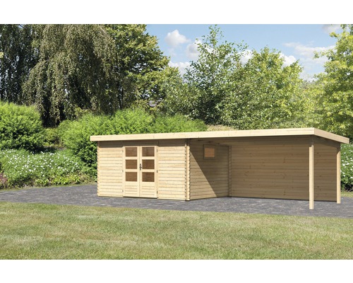 Abri de jardin Karibu Tossens 5 avec extension de toit de 4,4 m, paroi arrière 806 x 333 cm naturel