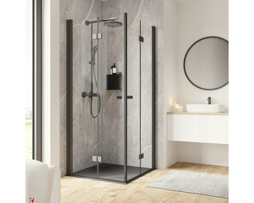 Douche accès d'angle avec porte à vantaux pliants et tournants SCHULTE Garant 2.0 ExpressPlus 90 x 90 cm profilé noir verre transparent revêtement de verre résistant à la saleté tirant gauche tirant droite poignée bouton montage sur carrelage