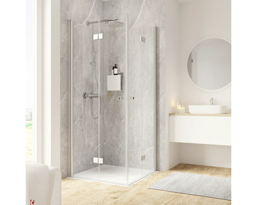 Accès d'angle avec porte pivotante pliante SCHULTE Garant 2.0 ExpressPlus 100 x 100 cm couleur du profilé aluminium décor de vitre verre transparent avec verre antitache butée de porte à gauche butée de porte à droite poignée tampon Salle de bain moderne avec douche d''angle, lavabo et miroir