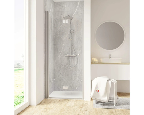 Porte de douche dans niche avec porte pivotante pliante SCHULTE Garant 2.0 ExpressPlus 90 cm couleur du profilé aluminium décor de vitre verre transparent avec verre antitache butée de porte à gauche poignée tampon