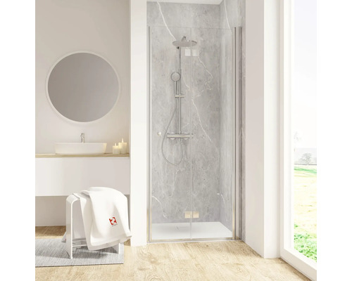 Porte de douche dans niche avec porte pivotante pliante SCHULTE Garant 2.0 ExpressPlus 90 cm couleur du profilé chrome décor de vitre verre transparent avec verre antitache butée de porte à droite poignée tampon