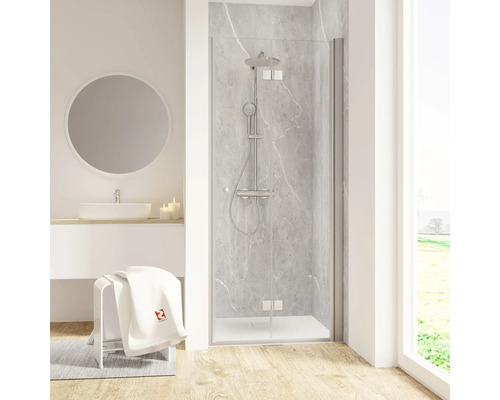 Porte de douche dans niche avec porte pivotante pliante SCHULTE Garant 2.0 ExpressPlus 90 cm couleur du profilé aluminium décor de vitre verre transparent avec verre antitache butée de porte à droite poignée tampon Salle de bains avec paroi de douche, lavabo et miroir
