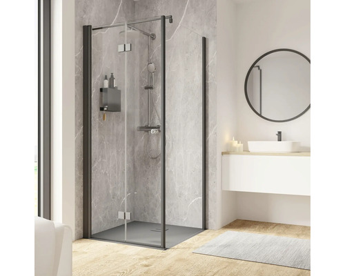 Porte de douche avec paroi latérale SCHULTE Garant 2.0 ExpressPlus 90 x 90 cm couleur du profilé noir décor de vitre verre transparent avec verre antitache butée de porte à gauche butée de paroi latérale à droite poignée tampon Salle de bains avec cabine de douche, lavabo et miroir