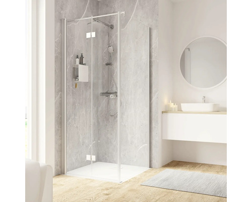 Porte de douche avec paroi latérale SCHULTE Garant 2.0 ExpressPlus 90 x 90 cm couleur du profilé aluminium décor de vitre verre transparent avec verre antitache butée de porte à gauche butée de paroi latérale à droite poignée tampon Salle de bain moderne avec cabine de douche, meuble-lavabo et miroir