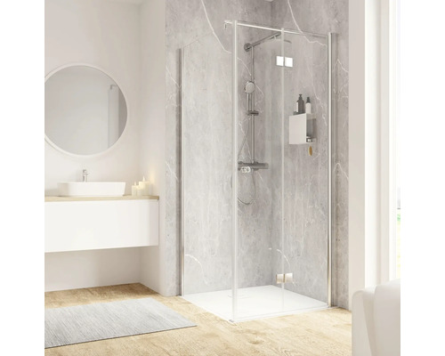 Porte de douche avec paroi latérale SCHULTE Garant 2.0 ExpressPlus 90 x 90 cm couleur du profilé chrome décor de vitre verre transparent avec verre antitache butée de porte à droite poignée tampon