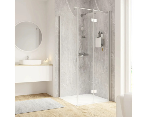 Porte de douche avec paroi latérale SCHULTE Garant 2.0 ExpressPlus 90 x 90 cm couleur du profilé aluminium décor de vitre verre transparent avec verre antitache butée de porte à droite poignée tampon Salle de bains avec cabine de douche, lavabo et miroir