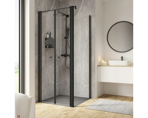 Porte de douche avec paroi latérale SCHULTE Garant 2.0 ExpressPlus 90 x 90 cm couleur du profilé noir décor de vitre verre transparent avec verre antitache butée de porte à gauche butée de paroi latérale à droite Salle de bains avec cabine de douche, lavabo et miroir