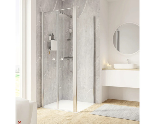 Porte de douche avec paroi latérale SCHULTE Garant 2.0 ExpressPlus 90 x 90 cm couleur du profilé chrome décor de vitre verre transparent avec verre antitache butée de porte à gauche butée de paroi latérale à droite Salle de bain moderne avec cabine de douche, lavabo et miroir