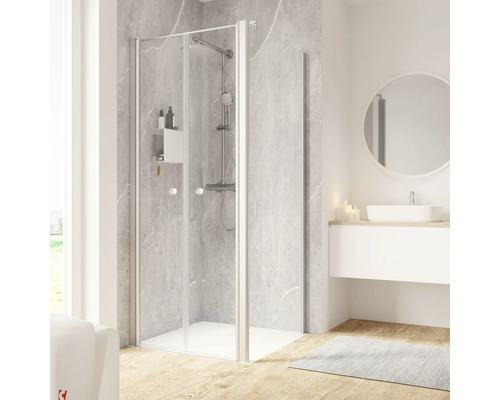 Porte de douche avec paroi latérale SCHULTE Garant 2.0 ExpressPlus 90 x 90 cm couleur du profilé aluminium décor de vitre verre transparent avec verre antitache butée de porte à gauche butée de paroi latérale à droite Cabine de douche avec porte pliante dans une salle de bain