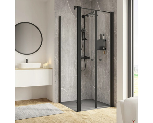 Porte de douche avec paroi latérale SCHULTE Garant 2.0 ExpressPlus 90 x 90 cm couleur du profilé noir décor de vitre verre transparent avec verre antitache butée de porte à droite butée de paroi latérale à gauche Salle de bains avec cabine de douche à cadre noir, lavabo et miroir