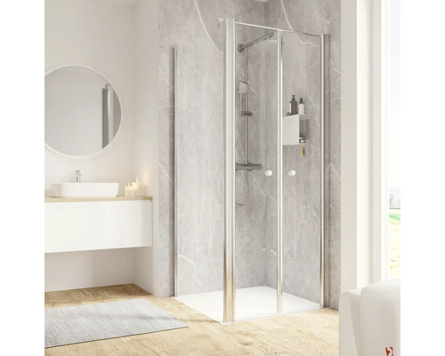 Duschtür mit Seitenwand und Pendeltür SCHULTE Garant 2.0 ExpressPlus 90 x 90 cm Profil chrom Klarglas schmutzabweisende Glasbeschichtung Türanschlag rechts Seitenwandanschlag links Modernes Badezimmer mit Dusche, Waschbecken und Spiegel