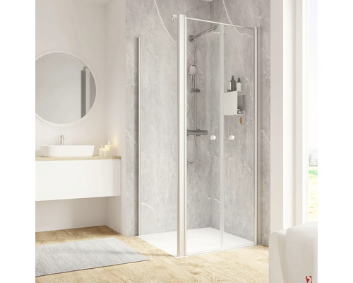 Porte de douche avec paroi latérale SCHULTE Garant 2.0 ExpressPlus 90 x 90 cm couleur du profilé aluminium décor de vitre verre transparent avec verre antitache butée de porte à droite butée de paroi latérale à gauche Salle de bains avec cabine de douche, lavabo et miroir