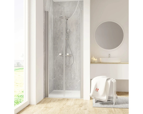 Porte de douche dans niche avec porte battante SCHULTE Garant 2.0 ExpressPlus 100 cm couleur du profilé aluminium décor de vitre verre transparent avec verre antitache butée de porte à gauche butée de porte à droite Salle de bain moderne avec cabine de douche, lavabo et miroir