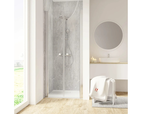 Porte de douche dans niche avec porte battante SCHULTE Garant 2.0 ExpressPlus 100 cm couleur du profilé chrome décor de vitre verre transparent avec verre antitache butée de porte à gauche butée de porte à droite Salle de bain moderne avec cabine de douche, lavabo et miroir