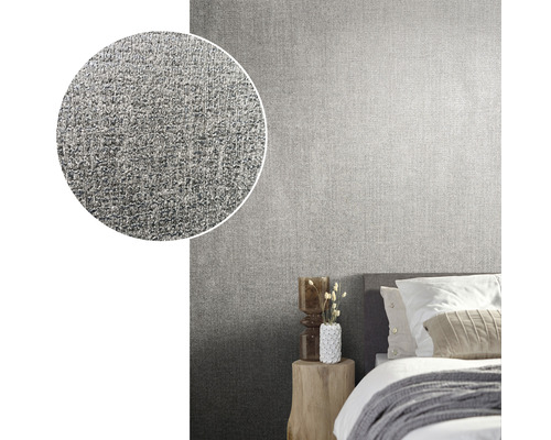 Scène d''habitation avec papier peint intissé gris aspect lin et vue détaillée