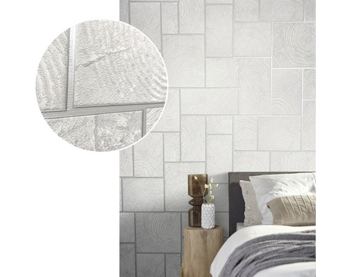 Scène avec un papier peint blanc à motif de blocs de bois dans une chambre