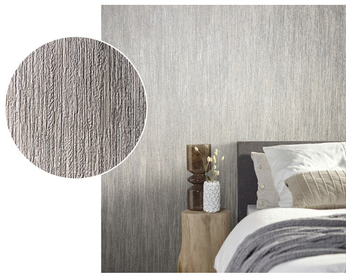 Schlafzimmer mit Struktur Tapete an der Wand und vergrössertem Ausschnitt der Tapetenstruktur