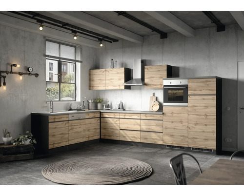 Cuisine moderne de style loft avec façades en bois et mur en béton