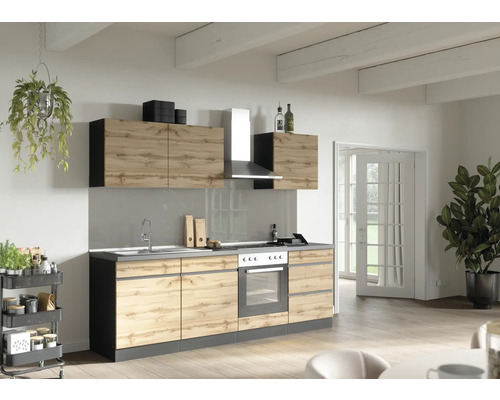 Küchenzeile mit Geräten Held Möbel PISA 240 cm Frontfarbe wildeiche Korpusfarbe graphit 1101.6310