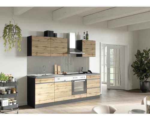 Küchenzeile mit Geräten Held Möbel PISA 240 cm Frontfarbe wildeiche Korpusfarbe graphit 1103.6310