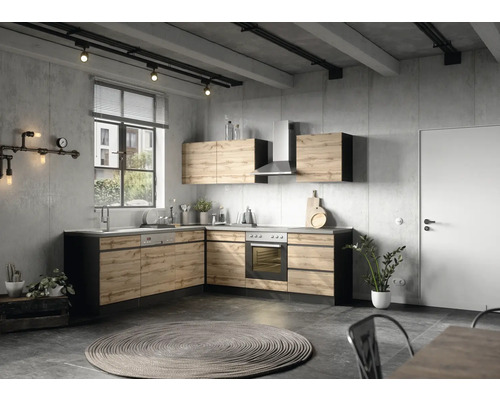 Küchenzeile mit Geräten Held Möbel PISA 240 cm Frontfarbe wildeiche Korpusfarbe graphit 1113.6310