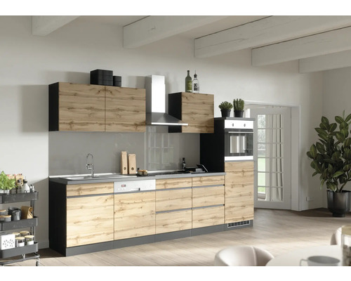 Küchenzeile mit Geräten Held Möbel PISA 300 cm Frontfarbe wildeiche Korpusfarbe graphit 1119.6310
