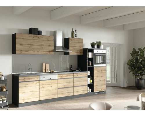Küchenzeile mit Geräten Held Möbel PISA 330 cm Frontfarbe wildeiche Korpusfarbe graphit 1122.6310