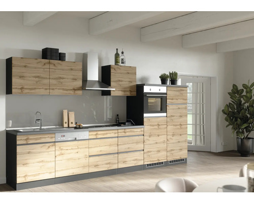 Küchenzeile mit Geräten Held Möbel PISA 360 cm Frontfarbe wildeiche Korpusfarbe graphit 1126.6310
