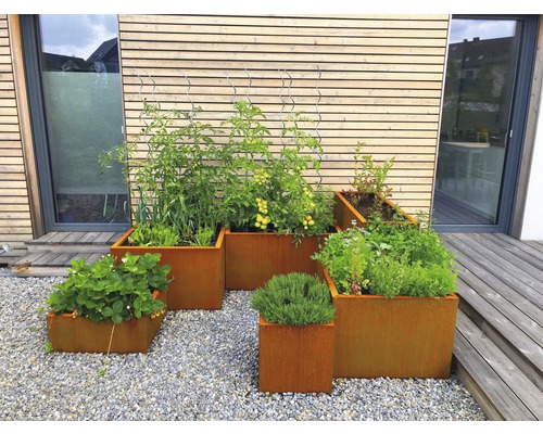 Mehrere Rostfarbene Pflanzkästen unterschiedlicher Größe mit Pflanzen im Garten.