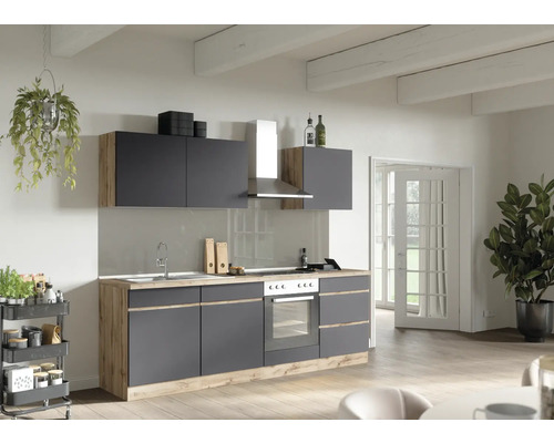 Küchenzeile mit Geräten Held Möbel PISA 240 cm Frontfarbe grau Korpusfarbe wildeiche 1101.6311