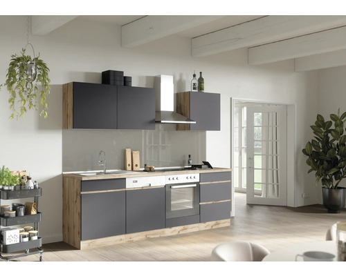 Küchenzeile mit Geräten Held Möbel PISA 240 cm Frontfarbe grau Korpusfarbe wildeiche 1103.6311