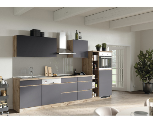 Küchenzeile mit Geräten Held Möbel PISA 330 cm Frontfarbe grau Korpusfarbe wildeiche 1122.6311