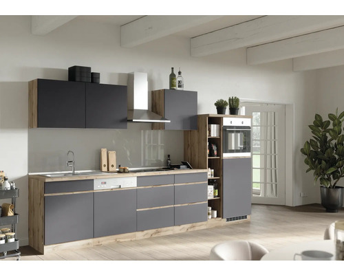 Küchenzeile mit Geräten Held Möbel PISA 330 cm Frontfarbe grau Korpusfarbe wildeiche 1123.6311