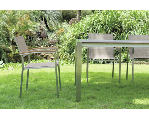 Scène de jardin avec table à manger et chaises sur pelouse