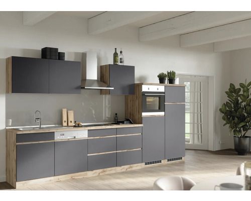 Küchenzeile mit Geräten Held Möbel PISA 360 cm Frontfarbe grau Korpusfarbe wildeiche 1126.6311