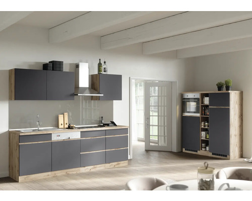 Küchenzeile mit Geräten Held Möbel PISA 390 cm Frontfarbe grau Korpusfarbe wildeiche 1129.6311