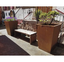 Espace extérieur avec bacs à plantes, fleurs et un banc