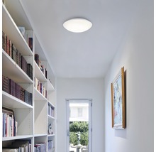 Couloir avec bibliothèque, tableau et plafonnier rond