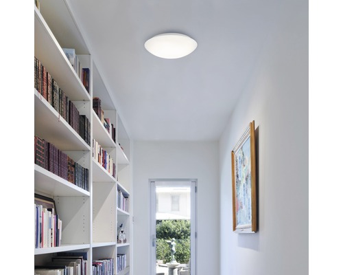 Couloir avec bibliothèque, tableau et plafonnier rond